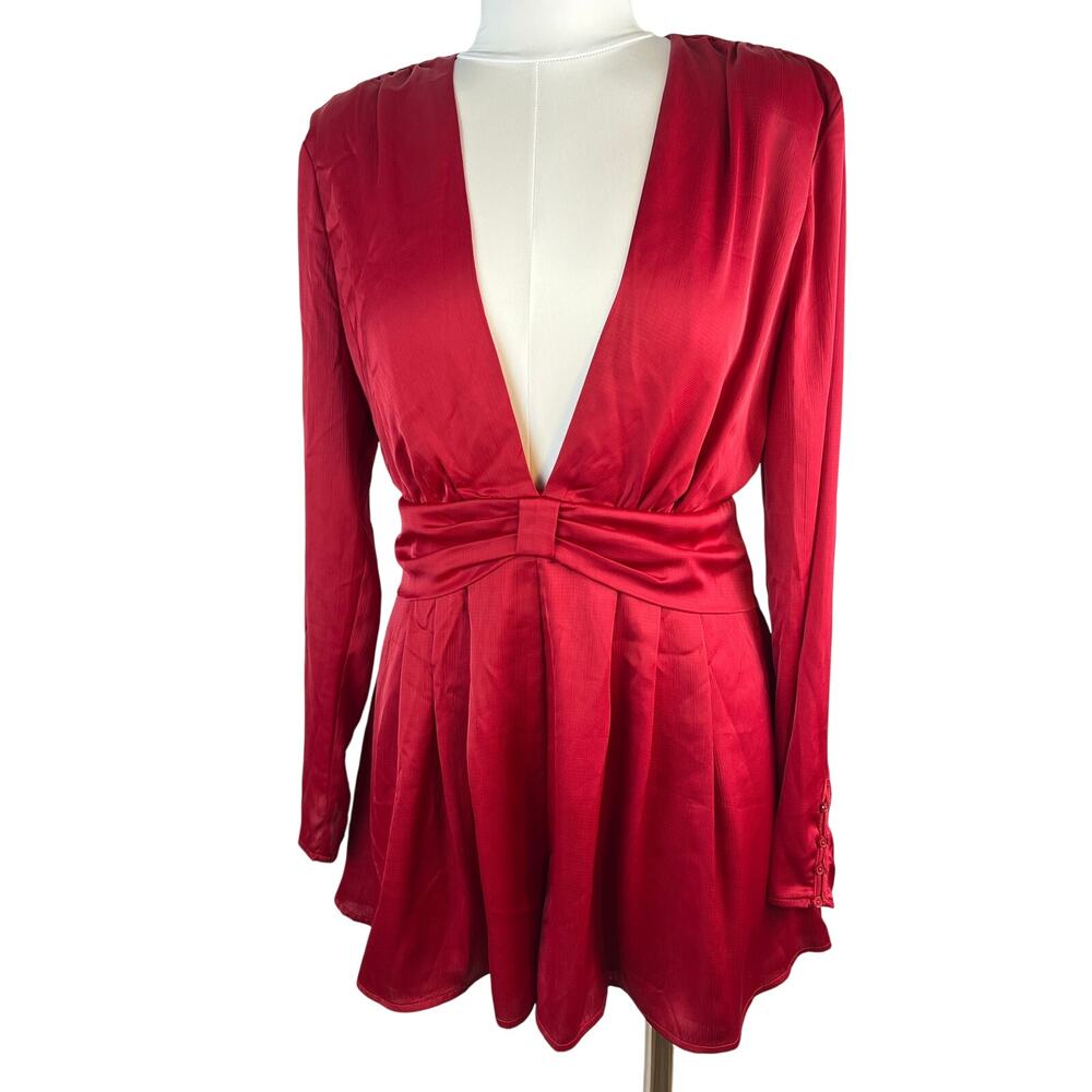 ASTR The Label Red Satin Romper Size Large Plunge Neck Long Sleeve Party